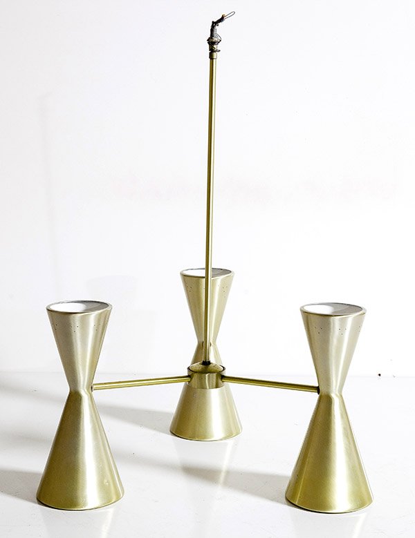 Mid Century Chandelier: Hanging Tri Pod light fixture. Each arm holding double hourglass light. 1960's Brass plated aluminum, enameled metal. Size 22 1/2w x 22 1/2d x 33 1/2h