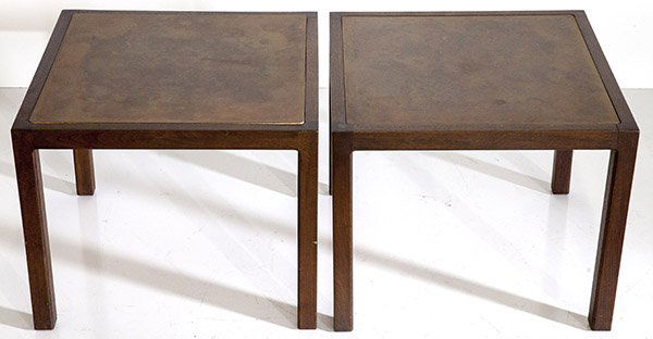 Harry Lunstead Occasional Tables: Side tables, pair 1960's Copper, Oak. Size 19 3/4w x 19 3/4d x 16 1/4h