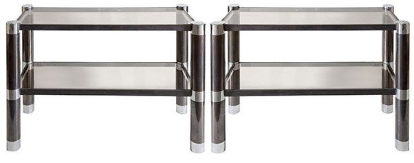 Karl Springer Etageres: Etageres, pair. 1970's. Gun metal, metal, smoded glass. Size Please note extremely heavy for size 42w x 18d x 32 1/2h