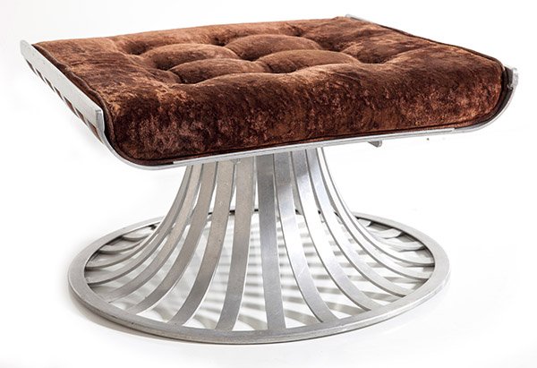 Russell Woodard Ottoman: Ottoman, Lee L. Woodard and Sons. 1960's Aluminum vinyl. Size 24w x 24d x 15.5h