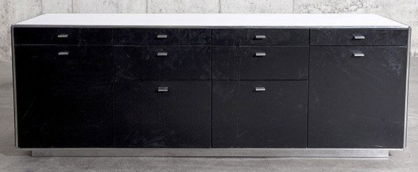 Davis Allen Credenza: Credenza, Davis Allen, eight drawers, two doods. Steel, chrome plated metal, Size 65w x 20 1/2d x 23h.