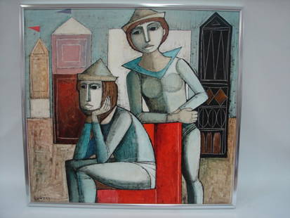 Lucio Ranucci O/C: Lucio Ranucci, Italian, (1925- ) Boy & Girl with Hats , O/C 30x28 , signed, Framed