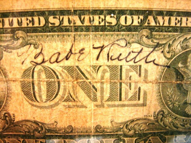 Babe Ruth Autograph: 1935 Series A Silver certificate signed on back Babe Ruth in blue ink from local estate, PSA Unable to render opinion