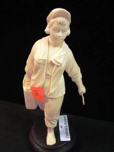 Cultural Revolution Ivory: Chinese cultural revolution carved ivory girl w/wrench & Gerry can on wood base w/original box, approx 6.25in tall