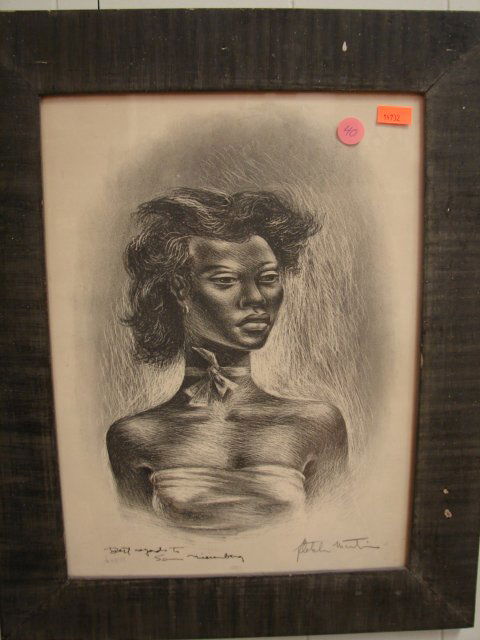 Fletcher Martin graphic: Portrait of lady, dry point? Signed "Best Regards…48/51, Fletcher Martin"