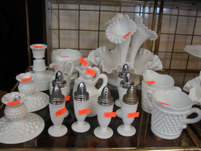 WM 23 pieces hobnail: Two epergnes, 3 footed bowls, 3 bowls, 7 S&P, Creamer & sugar, 3 oil and vinegar, 3 candlestick