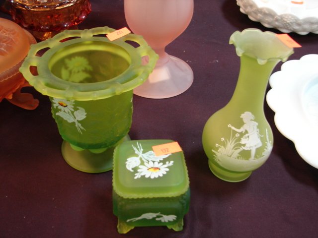 WM 3 Green Decorated Items: Mary Gregory Type Vase, Victorian Trinket box (chip inside rim), Panel Grape Vase
