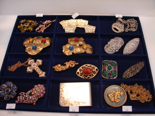 Nineteen piece jewelry lot: Shoe clips, Rhinestones, colored stones, marcasite, micro mosaic and a compact