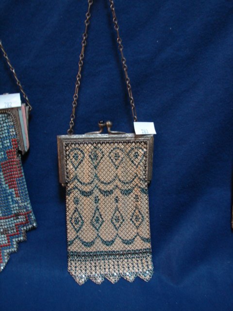 Colored Mesh Purse: Beige and turquoise, blue glass on snap clasp