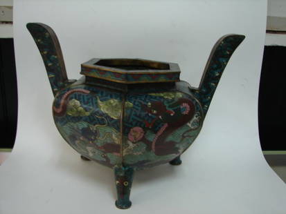 Cloisonne Temple vase, Ming Dynasty: Double handle, 3 legs, 11" wide x 15" tall, signed