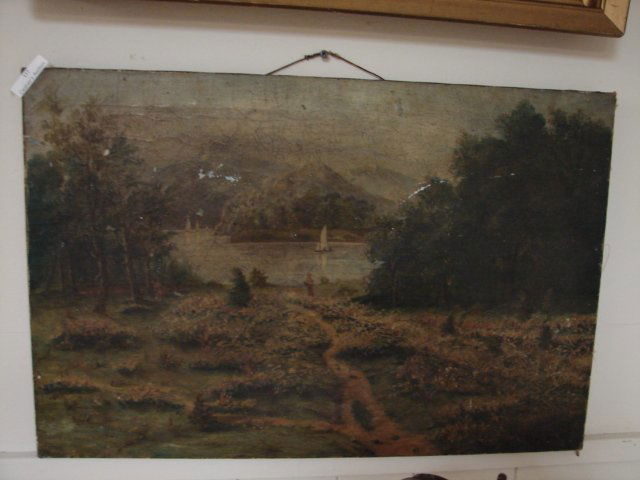 O/C Hudson River Type: 24 x 16 Man fishing, sail boats on river