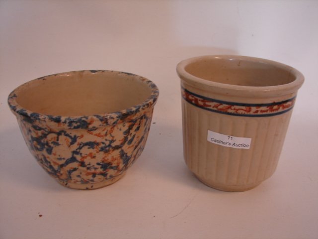 Red Wing & Spongeware bowl.: Red Wing (Beater Jar)Compliments of "Hough Store" Springfield Wisc. Spongeware, blue & red 6.4x 4" high