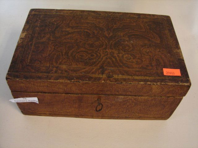 Antique Wooden Box: Original Feather Graining-Raw Umber on Tan 12.5 x 9 x 3.2"