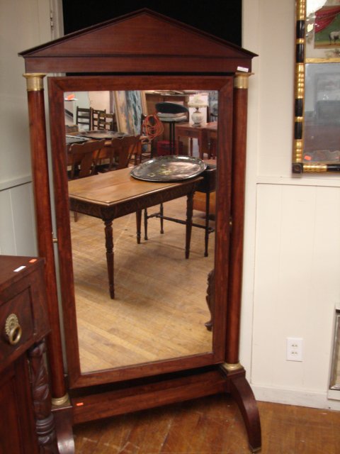 Period Empire Full Length Mirror: Mahogany, brass mounts, pediment, 72" x 33", early/mid 19th Cent