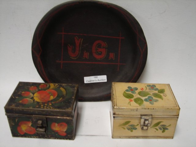 Lot 3pcs - Tin Tea Boxes , Wood Plate: (2) Tea Boxes, 4"x 2.5" x 2.5", plate 8.5" x 7.5", all hand painted