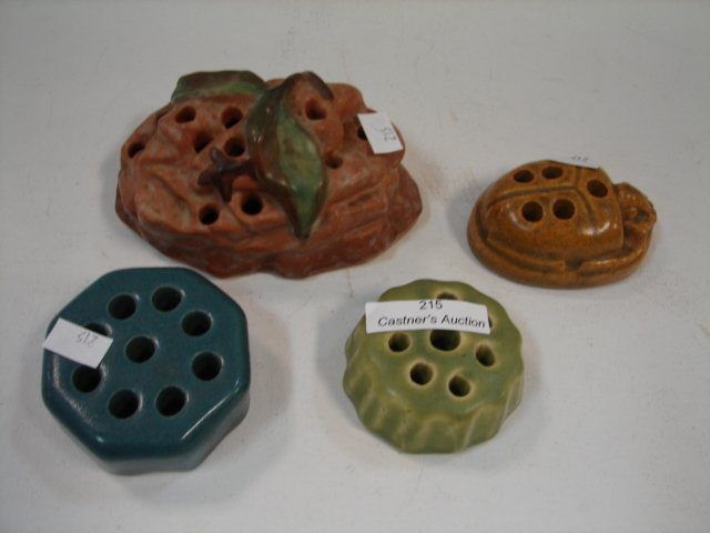 Lot 4 Pottery Flower Frogs: 4pc, incld Weller Malverne, Scarab (poss Fulper), blue, green matte frog