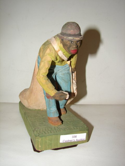 Folk art, wood carving, Signed ARW 1948: 8 x 7.5" African American Man, Picking cotton while pulling large sack. Missing piece of sack strap, carved by Adrian R Woodall