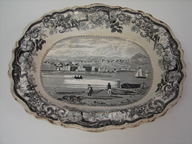 Ironstone Black Transfer ware , Hudson, NY: 12.5 x 2 x 10, signed "Picturesque Views, Hudson, Hudson River", 19th Cent, major wear to rim