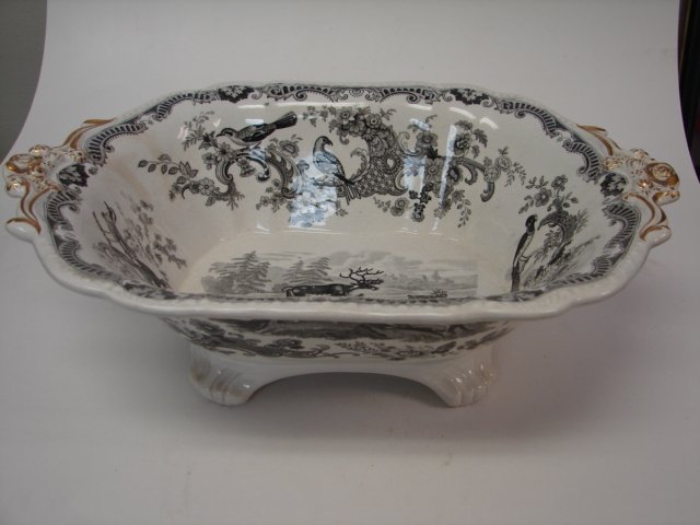 Ironstone Black Transfer ware Serving Footed Bowl: 13 x 4 x , signed "Zoological Sketches" "JM&S" , 19th C