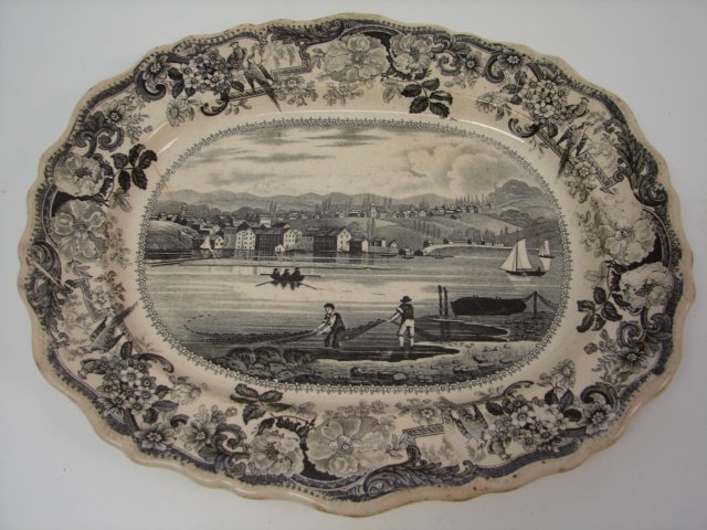 Ironstone Black Transfer ware Hudson, NY Platter: 13 x 11 , marked "Picturesque Views, Hudson, Hudson, River" & with impressed Clews mark, cracked