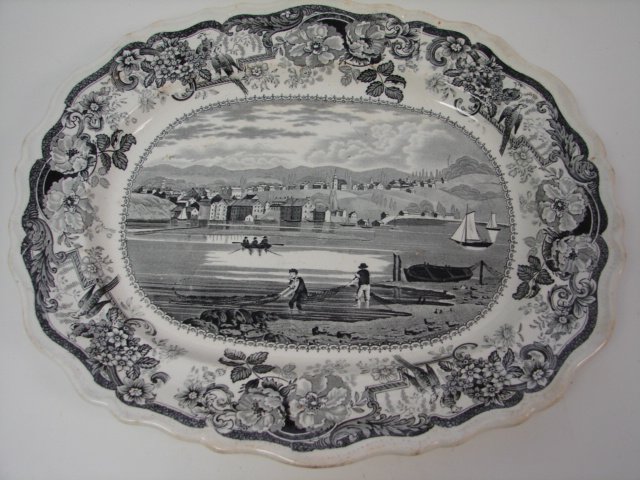 Ironstone Black Transfer ware Hudson, NY Platter: 13 x 11 , marked "Picturesque Views, Hudson, Hudson, River" , 19th Cent, good cond