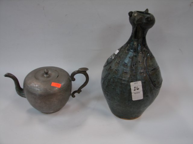 Chinese Pottery & Chinese Pewter Tea Pot: Pottery is 12" tall, inform of bird, unmarked, Chinese 20th C, Tea Pot 5" tall, marked w/characters, 20th C