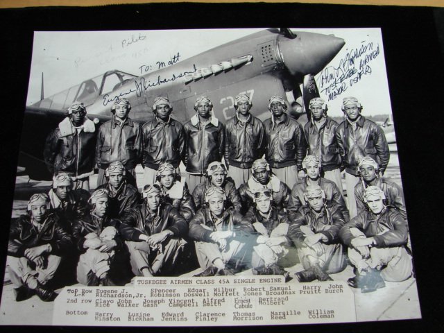 Real Photograph of Tuskegee Airmen, Signed: 8" x 10", unframed, signed by some members of Tuskegee Airmen Class 45A single engine squad