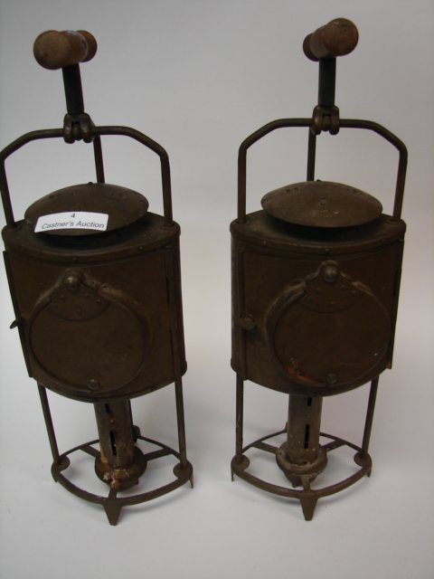 Lot (2) Unusual Lamps, Miners ?: 2 lamps, 14 in tall , not marked, candle lit, poss miners lamps ?