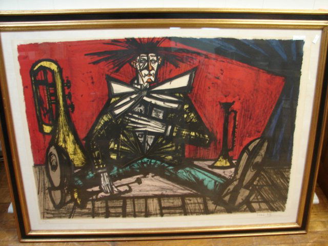 Bernard Buffet Clown w/ Horn Litho: signed "Bernard Buffet" lr in pencil , 16/120 , 40" x 28"