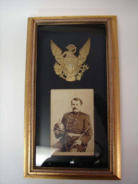 U.S. Military Photo w/Helmet Emblem: Shadow box frame, 2 x 6 photo, metal eagle emblem with #7