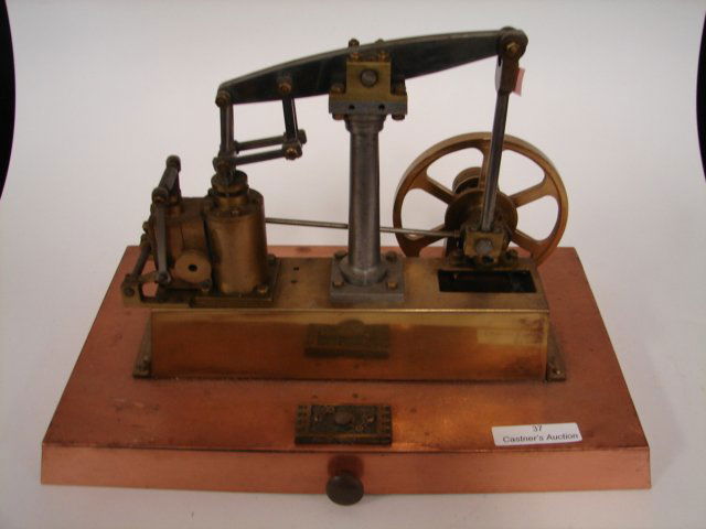 Brass Steam Engine on copper base: Possibly British, walking beam. 12" x 7"