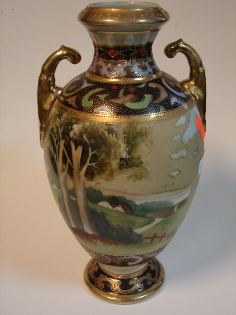Nippon Vase, 10 inches: Countryside hand painted motif, marked with Green Nippon mark
