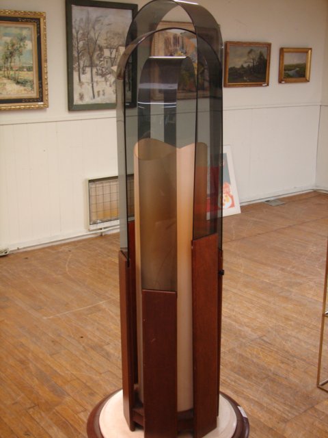 1970's table lamp: Walnut and smoked plexiglass 36" tall 9 " diam.