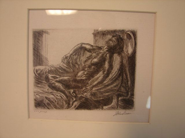John Sloan Etching: image size 5"x4", overall size 9.5" x 8", titled "Nude & Halo", penciled signed in margin
