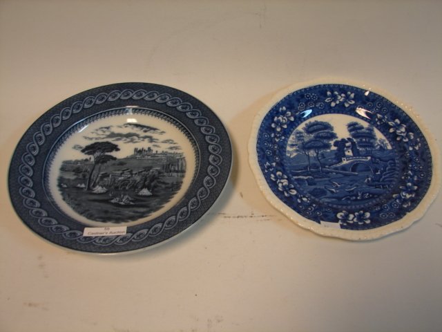 2 TransferWare Plates: one is 10" diam, marked "Byzantium B.W.M & Co. Cauldon England", 2nd plate is 9" marked "Copeland Spodes Tower"