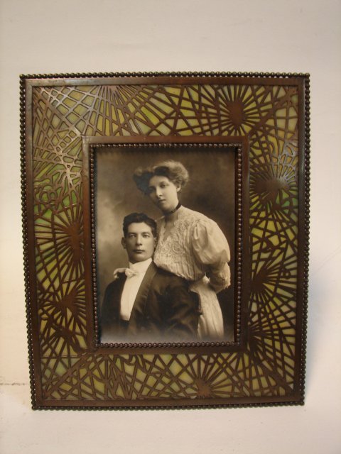 Tiffany Pine Cone Picture Frame: 8" x 9.5", Bronze w/glass, marked "Tiffany Studios New York 947" , 3 cracks to glass , orig surface, early 1900's