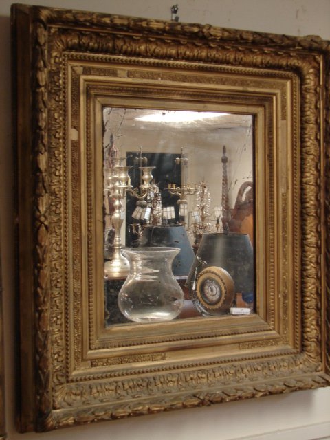 Antique Hudson River Picture Frame w/Mirror: Inside dim 17" x 14.5" , Overall 28" x 32", heavily carved frame, Hudson River School picture frame, 19th C, mirror as is