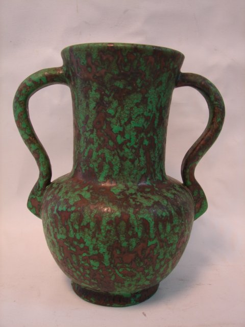 Weller Cooper Tone Vase: 11"T, two handles, marked "Weller Pottery", glaze bubble burst