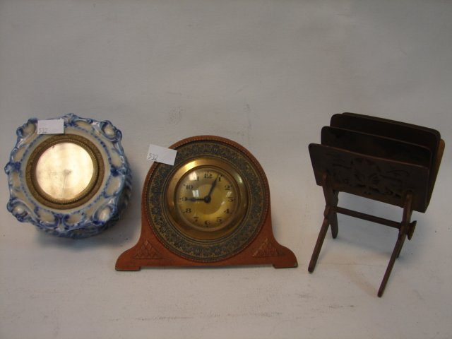 2 Desk Clocks & Tiffany Card Holder: small porcelain Delft case clock, white metal clock, card holder marked "Tiffany & Co. Makers"