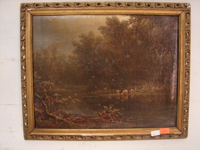 O/C Cows At Stream: 14"x11", unsigned, Hudson river school, late 19th c., canvas glued to cardboard
