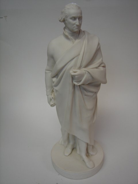 Parian ware Figure of George Washington: 13" H x 5" Diam at base, bisque porcelain, unsigned, late 19th C Impressed "WASHINGTON" on front of base, just below feet.