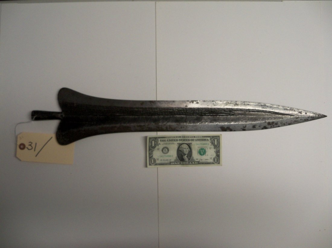 Antique Leaf Pattern African Spear Head: 19th Century Central African or Congolese. This example is forged from quality iron with the original burnished edges. These types were often traded as currency. From the William Herbert McGinty Colle
