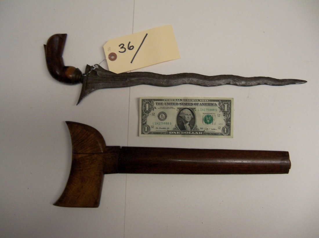 Antique 19th Century Indonesian Kris Dagger: Fine carved blade displays a good pamor pattern.From the William Herbert McGinty Collection. Collected between the late 1800's and early 1900's.