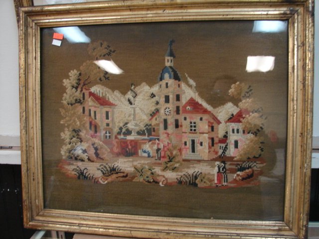 Needlepoint in frame: 22" x 17" , European scene, late 19th C, Orig frame as-is