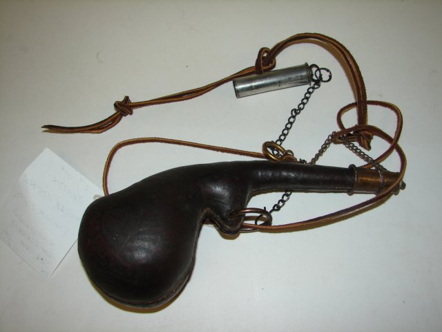 18th/19th C Middle Eastern Powder Flask: approx 8" long, flask is made from camel's scrotum