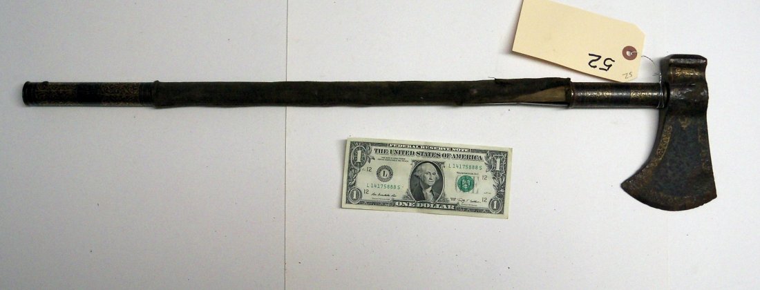 Rare 18th Century Mughal Period Tabarzin Axe: Very fine Tabar Axe with gold inlaid koftgari fittings of fine quality.