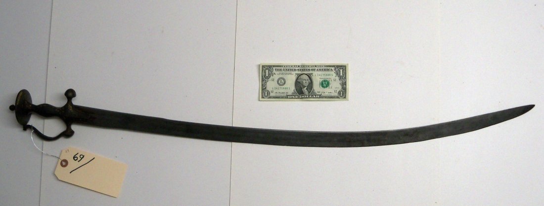 Antique 19th Century Indian Tulwar Sword Sabre: The curved blade fighting sword of India with gold koftgari decoration. Missing part of langlet. 32 inch blade.