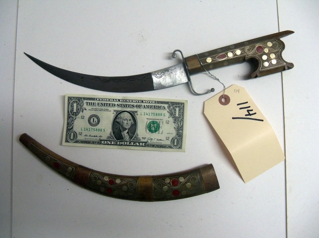 Antique 19th Century Algerian or North African Dagger: Islamic Jambiya Flyssa Dagger. 8 inch engraved blade. Handle and sheath decorated with brass wire inlay and enamel. Copper bands. William Herbert McGinty Collection. Collected between the late 1800's