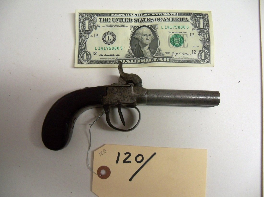 Antique 19th Century Percusion Muff Pistol: 7¼ inches overall. Damaged hammer etc.