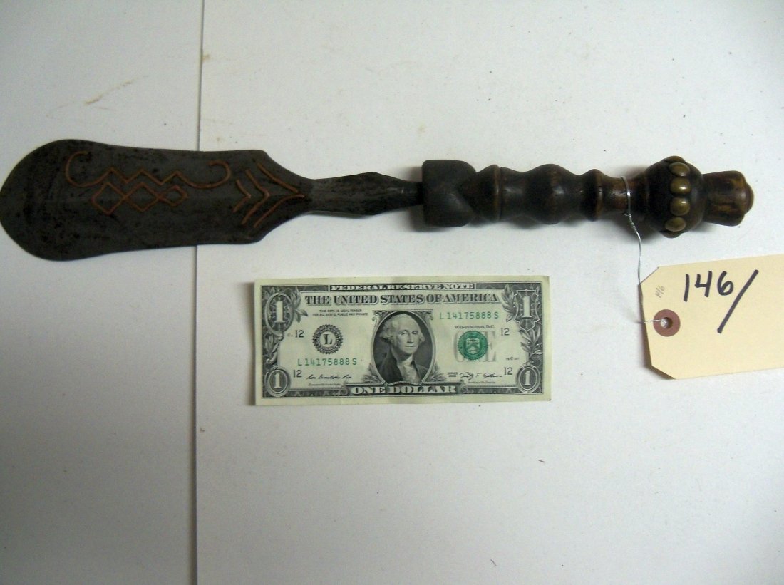 Antique Congo Central African Dagger: 9½ inch blade inlaid with copper.Turned wood handle with brass tacks and brass button. 16 inches overall.